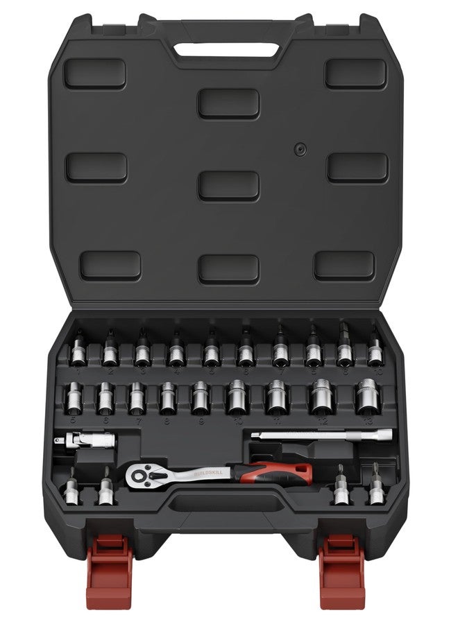 BUILDSKILL 1/4 inch socket set | 26 piece - heavy duty CR-V material | 4" extension bar | bits | quick release reversible ratchet | TPR anti-slip grip | socket wrench set for car & bicycle repairing - Image 1